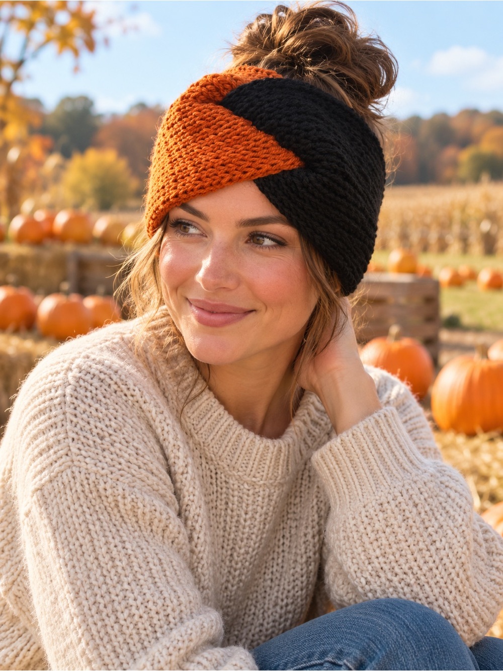 Handmade Knit Ear Warmer Orange & Black Twist Headband Fall Halloween